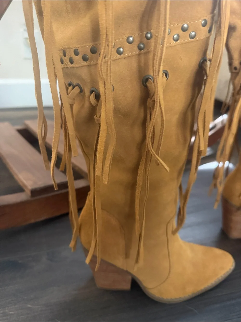dingo Tan Fringe Over-the-Knee Suede Boots